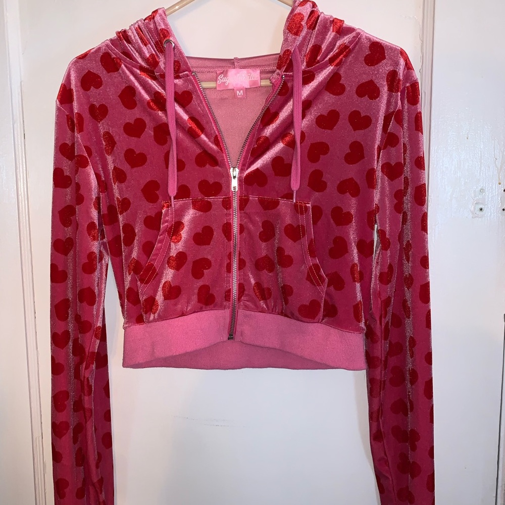 Sugar Thrillz Loyal Maneater Velour Track Jacket-Pink and Red